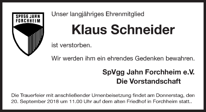  Traueranzeige für Klaus Schneider vom 18.09.2018 aus Nordbayerische Nachrichten Forchheim Lokal