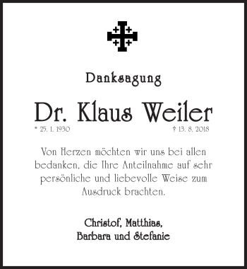 Traueranzeige von Klaus Weiler von Gesamtausgabe Nürnberger Nachrichten/ Nürnberger Ztg.