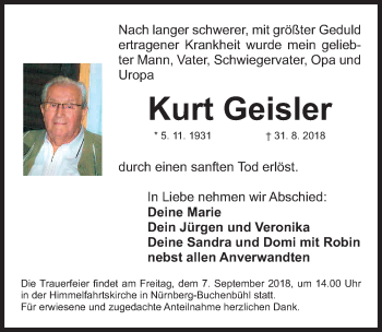 Traueranzeige von Kurt Geisler von Gesamtausgabe Nürnberger Nachrichten/ Nürnberger Ztg.
