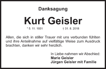 Traueranzeige von Kurt Geisler von Gesamtausgabe Nürnberger Nachrichten/ Nürnberger Ztg.