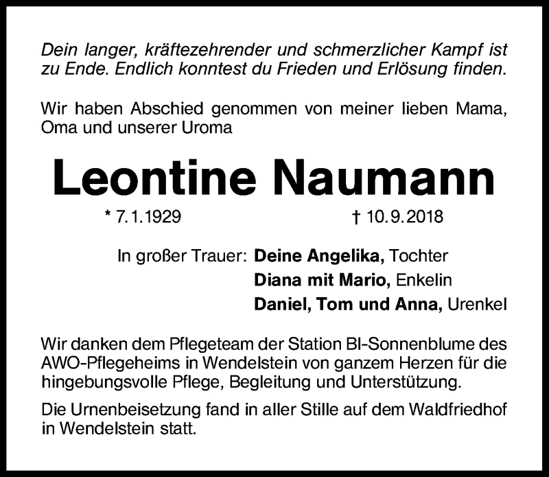  Traueranzeige für Leontine Naumann vom 29.09.2018 aus Schwabach