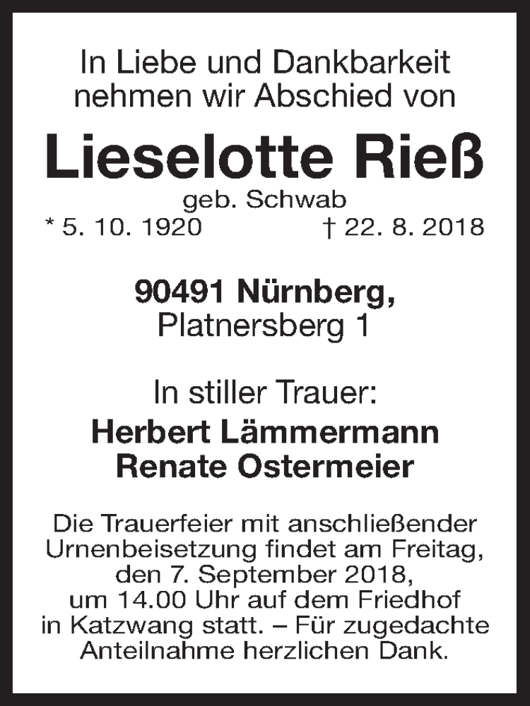  Traueranzeige für Lieselotte Rieß vom 05.09.2018 aus Gesamtausgabe Nürnberger Nachrichten/ Nürnberger Ztg.