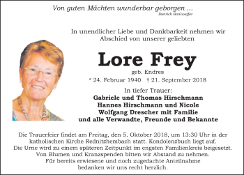Traueranzeige von Lore Frey von Schwabach