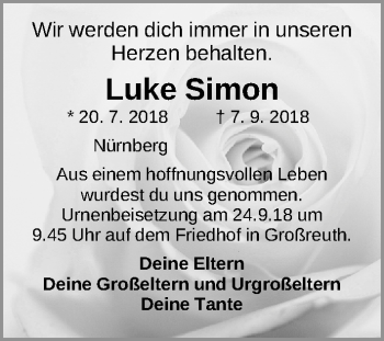 Traueranzeige von Luke Simon von Gesamtausgabe Nürnberger Nachrichten/ Nürnberger Ztg.