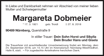 Traueranzeige von Margareta Dobmeier von Gesamtausgabe Nürnberger Nachrichten/ Nürnberger Ztg.