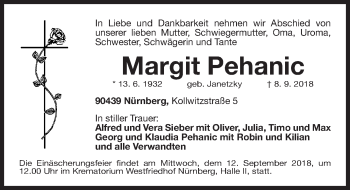 Traueranzeige von Margit Pehanic von Gesamtausgabe Nürnberger Nachrichten/ Nürnberger Ztg.