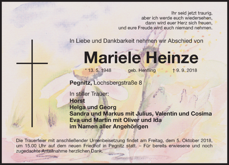  Traueranzeige für Mariele Heinze vom 29.09.2018 aus Nordbayerische Nachrichten Pegnitz Lokal