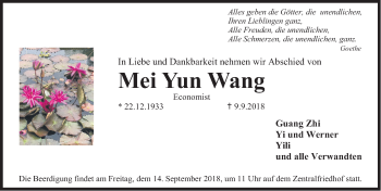 Traueranzeige von Mei Yun Wang  von Erlanger Nachrichten Lokal
