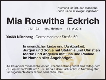Traueranzeige von Mia Roswitha Eckrich von Gesamtausgabe Nürnberger Nachrichten/ Nürnberger Ztg.