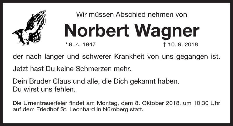  Traueranzeige für Norbert Wagner vom 29.09.2018 aus Gesamtausgabe Nürnberger Nachrichten/ Nürnberger Ztg.