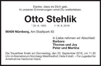 Traueranzeige von Otto Stehlik von Gesamtausgabe Nürnberger Nachrichten/ Nürnberger Ztg.