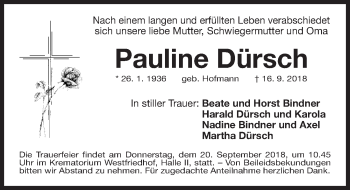Traueranzeige von Pauline Dürsch von Gesamtausgabe Nürnberger Nachrichten/ Nürnberger Ztg.