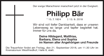 Traueranzeige von Philipp Bär von Gesamtausgabe Nürnberger Nachrichten/ Nürnberger Ztg.