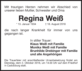 Traueranzeigen von Regina Weiß | trauer.nn.de