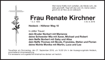 Traueranzeige von Renate Kirchner von Roth-Hilpoltsteiner Volkszeitung Lokal