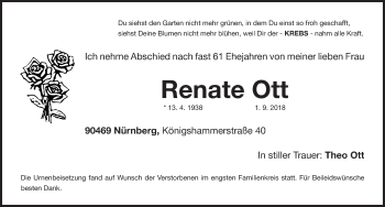 Traueranzeige von Renate Ott von Gesamtausgabe Nürnberger Nachrichten/ Nürnberger Ztg.