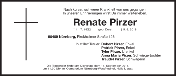 Traueranzeige von Renate Pirzer von Gesamtausgabe Nürnberger Nachrichten/ Nürnberger Ztg.