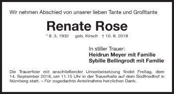 Traueranzeige von Renate Rose von Gesamtausgabe Nürnberger Nachrichten/ Nürnberger Ztg.