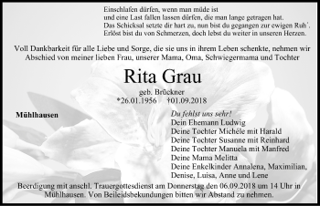 Traueranzeige von Rita Grau von Nordbayerische Nachrichten Herzogenaurach Lokal