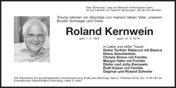 Traueranzeige von Roland Kernwein von Gesamtausgabe Nürnberger Nachrichten/ Nürnberger Ztg.