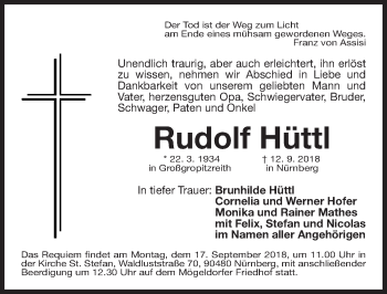Traueranzeige von Rudolf Hüttl von Gesamtausgabe Nürnberger Nachrichten/ Nürnberger Ztg.