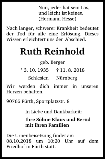 Traueranzeige von Ruth Reinhold von Gesamtausgabe Nürnberger Nachrichten/ Nürnberger Ztg.