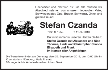 Traueranzeige von Stefan Czanda von Gesamtausgabe Nürnberger Nachrichten/ Nürnberger Ztg.