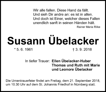 Traueranzeige von Susann Übelacker von Gesamtausgabe Nürnberger Nachrichten/ Nürnberger Ztg.