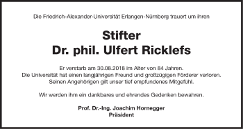 Traueranzeige von Ulfert Ricklefs von Gesamtausgabe Nürnberger Nachrichten/ Nürnberger Ztg.