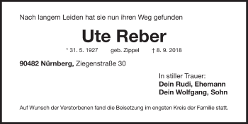 Traueranzeige von Ute Reber von Gesamtausgabe Nürnberger Nachrichten/ Nürnberger Ztg.