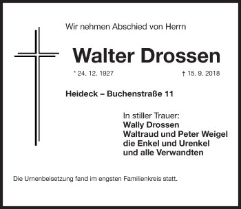 Traueranzeige von Walter Drossen von Roth-Hilpoltsteiner Volkszeitung Lokal