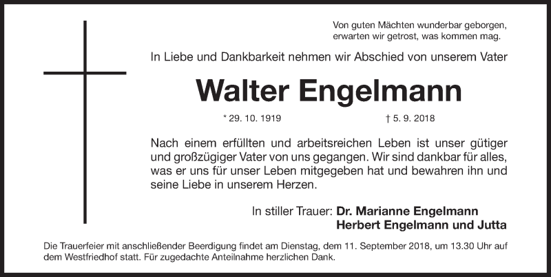  Traueranzeige für Walter Engelmann vom 08.09.2018 aus Gesamtausgabe Nürnberger Nachrichten/ Nürnberger Ztg.