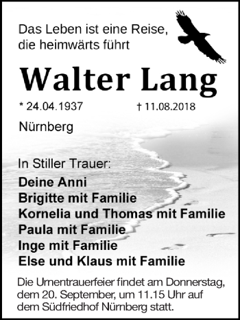 Traueranzeige von Walter Lang von Gesamtausgabe Nürnberger Nachrichten/ Nürnberger Ztg.