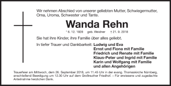 Traueranzeige von Wanda Rehn von Gesamtausgabe Nürnberger Nachrichten/ Nürnberger Ztg.