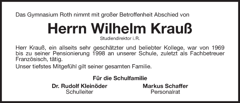 Traueranzeige für Wilhelm Krauß vom 12.09.2018 aus Roth-Hilpoltsteiner Volkszeitung Lokal