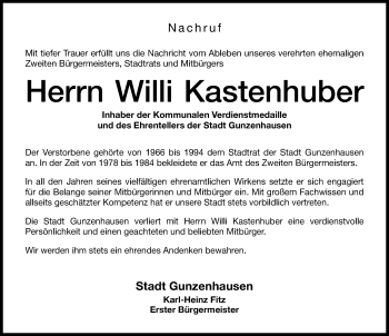 Traueranzeige von Willi Kastenhuber von Altmühl-Bote Lokal
