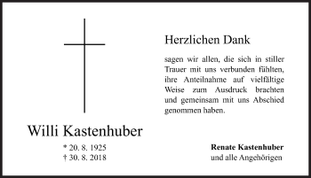 Traueranzeige von Willi Kastenhuber von Altmühl-Bote Lokal
