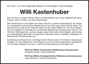 Traueranzeige von Willi Kastenhuber von Altmühl-Bote Lokal