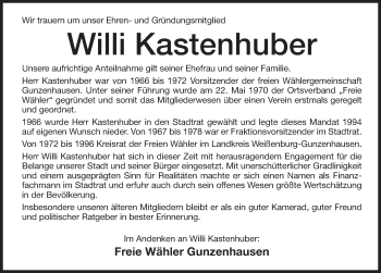 Traueranzeige von Willi Kastenhuber von Altmühl-Bote Lokal
