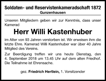 Traueranzeige von Willi Kastenhuber von Altmühl-Bote Lokal
