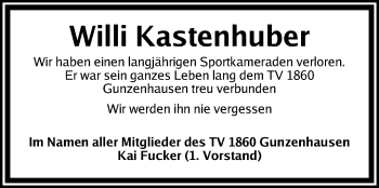 Traueranzeige von Willi Kastenhuber von Altmühl-Bote Lokal