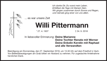 Traueranzeige von Willi Pittermann von Fürther Nachrichten Lokal