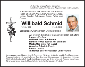 Traueranzeige von Willibald Schmid von Neumarkter Nachrichten Lokal