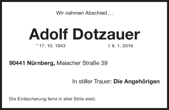 Traueranzeige von Adolf Dotzauer von Gesamtausgabe Nürnberger Nachrichten/ Nürnberger Ztg.