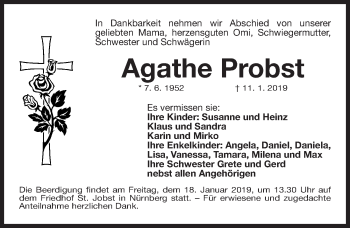 Traueranzeige von Agathe Probst von Gesamtausgabe Nürnberger Nachrichten/ Nürnberger Ztg.