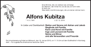Traueranzeige von Alfons Kubitza von Gesamtausgabe Nürnberger Nachrichten/ Nürnberger Ztg.