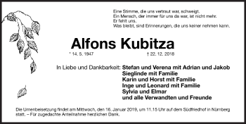 Traueranzeige von Alfons Kubitza von Altmühl-Bote Lokal