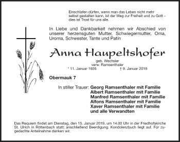 Traueranzeige von Anna Haupeltshofer von Roth-Hilpoltsteiner Volkszeitung Lokal