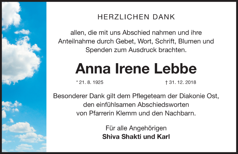  Traueranzeige für Anna Irene Lebbe vom 26.01.2019 aus Gesamtausgabe Nürnberger Nachrichten/ Nürnberger Ztg.
