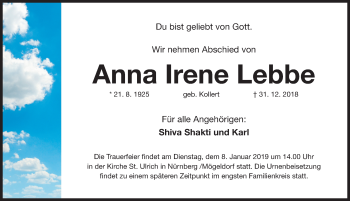 Traueranzeige von Anna Irene Lebbe von Gesamtausgabe Nürnberger Nachrichten/ Nürnberger Ztg.